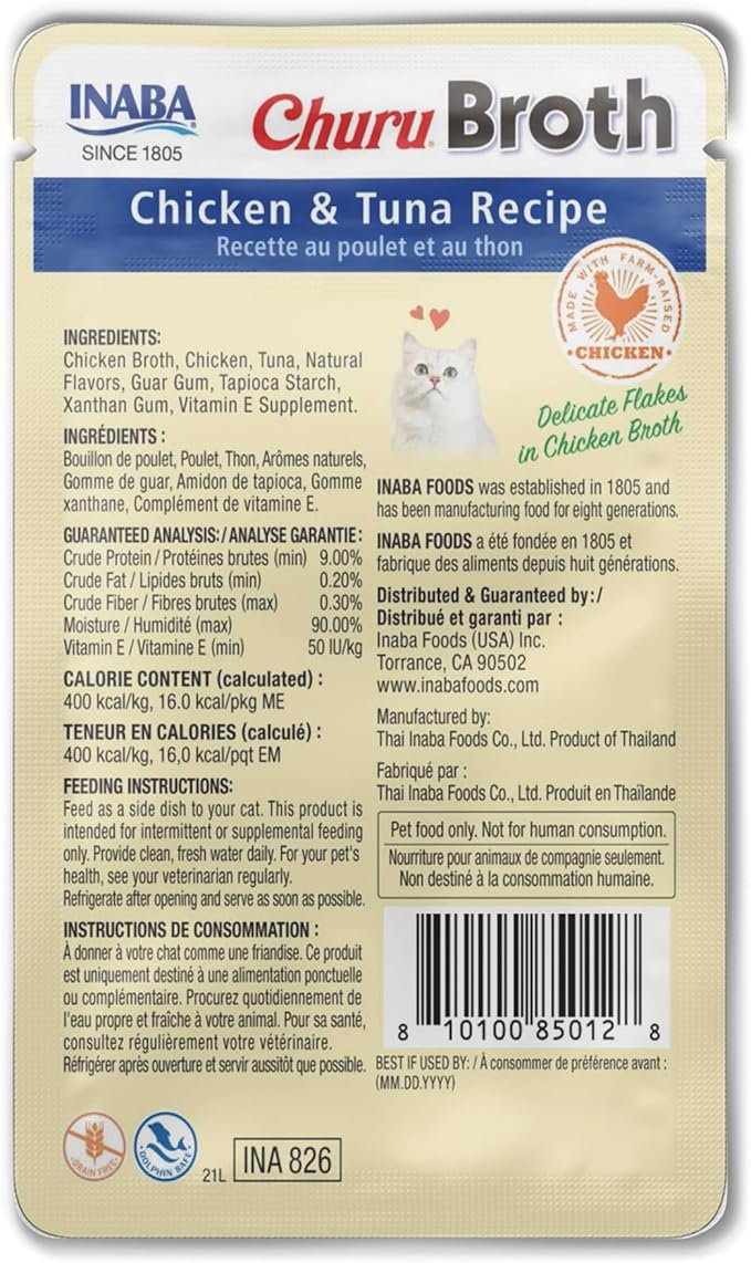 INABA Churu Broth for Cats, Side Dish Pouch, 1.4 Ounces per Pouch, 12 Pouches, Chicken & Tuna Recipe