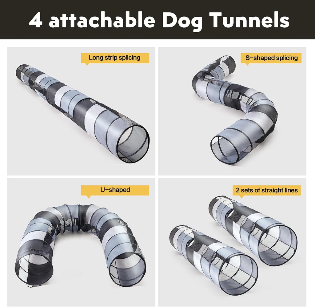 Dog Agility Training Equipment,Course Backyard Set Training Equipment for Dogs Pet Outdoor Game with Grey and Black Tunnel, Agility Hurdle, Poles, Jump Ring, Pause Box, Toy Balls and Storage Bag
