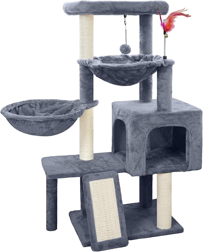 Cat Tree with Cat Condo and Two Hammocks, Cat Tree with Scratching Posts and Scratching Pads, Cat Tower for Indoor Cats, Activity Centre Climbing Tree with Playful Toy Balls, Grey