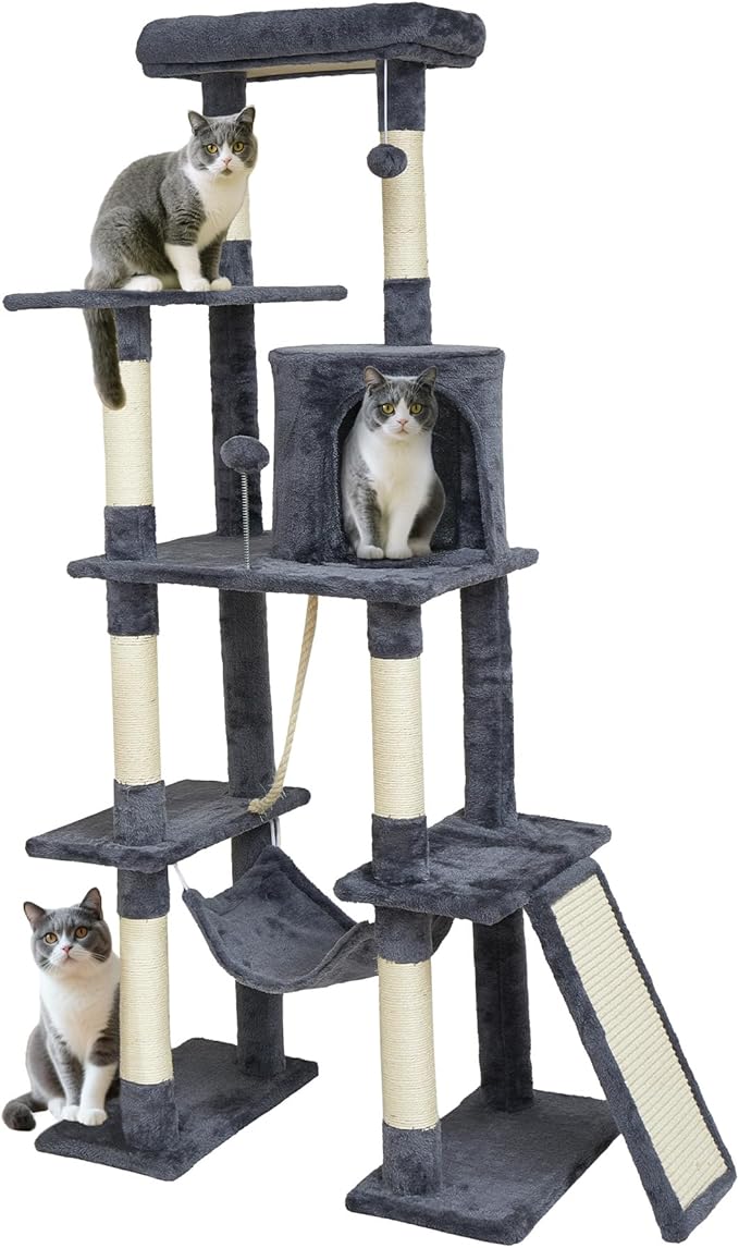 Large Cat Tree,65-inch Tall Multi-Level Cat Tower with Sisal-Covered Scratching Posts, Condo, Hammock, Dangling Ball,Grey