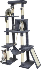 Large Cat Tree,65-inch Tall Multi-Level Cat Tower with Sisal-Covered Scratching Posts, Condo, Hammock, Dangling Ball,Grey
