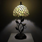 Small Tiffany Lamp Brown Green Leafage Style Stained Glass Table Lamps Desk Bedside Reading Light 8X8X18 Inches with Bronze Metal Leaf Resin Base