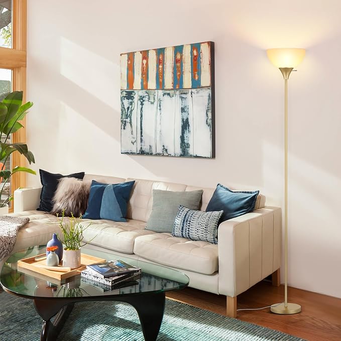 Floor Lamp, LED Standing Lamps with White Plastic Shade, Corner Floor Lights for Living Room Bedroom, Rotary Switch, Bulb not Included, Gold