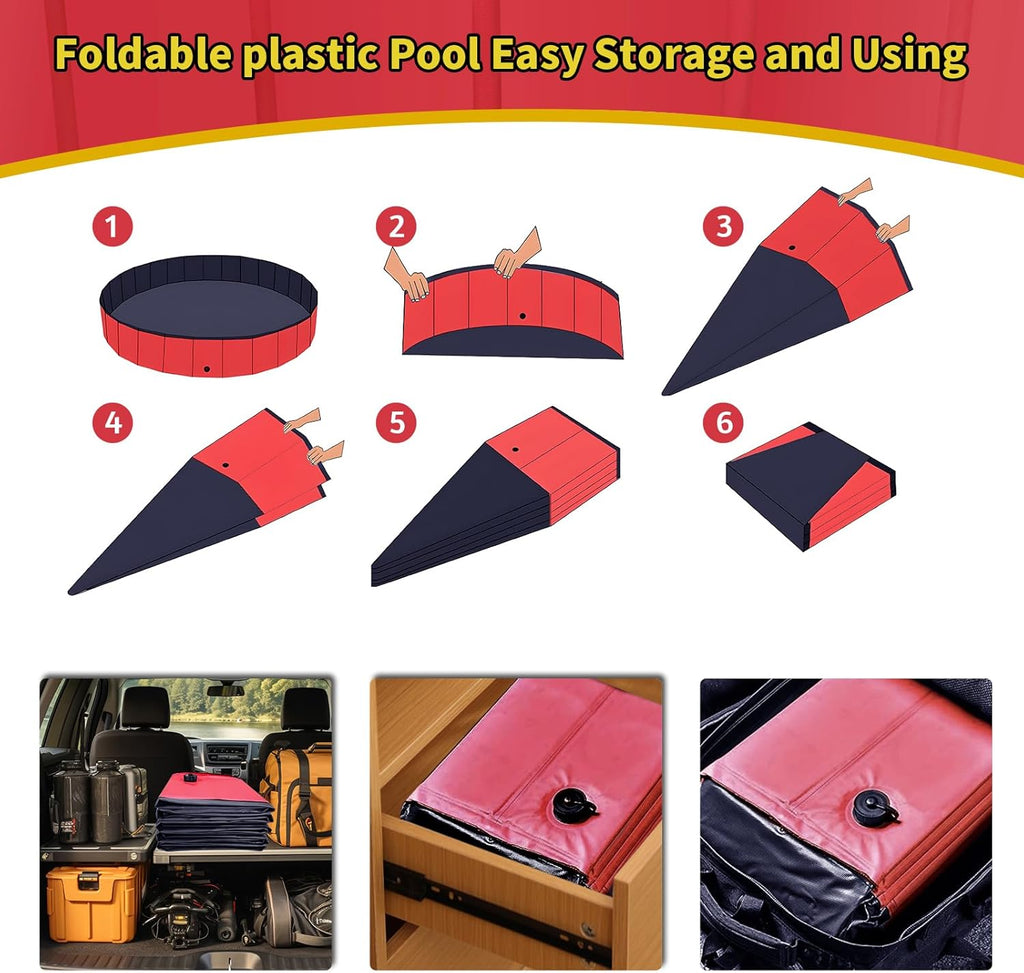 Foldable Dog Pool, 47" x 12" Kiddie Pool with Hard Plastic, Non-Slip Dog Bath Tub for Outdoor Backyard, Collapsible Dog Swimming Pool for Kids Dogs Pets (Red)