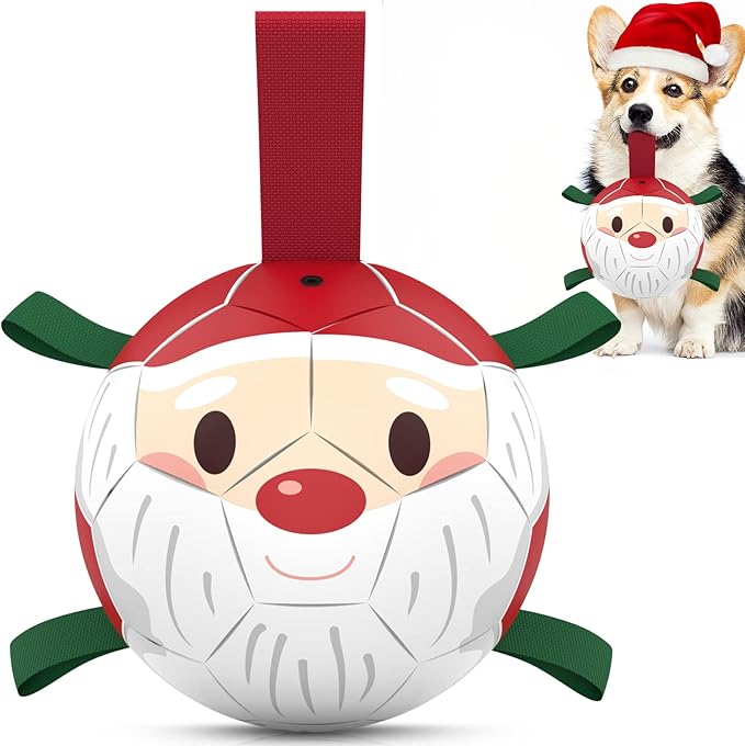 QDAN Christmas Dog Balls with Straps, Soccer Ball for Dogs for Small Medium Breed, Tug Toys for Dog Birthday, 6 Inch Outdoor Dog Toys for Fun