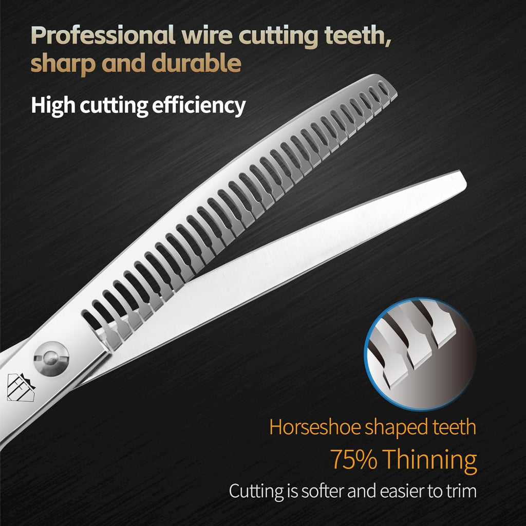 FENICE Professional Pet Grooming Scissors, JP440C Alloy Steel, Curved Chunker with Horseshoe Teeth, 75% Thinning (6.5")