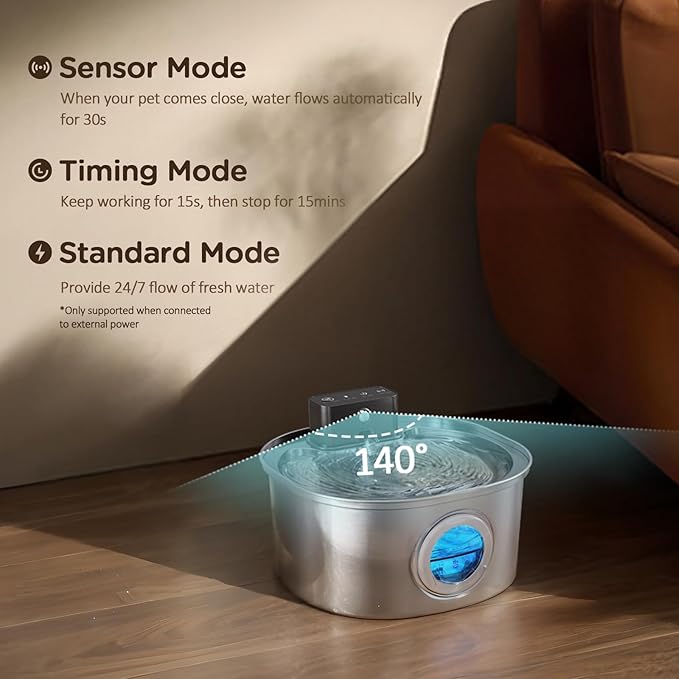 Voluas Stainless Steel Wireless Cat Water Fountain: 3.2L/108oz 3-Modes Pet Drinking Fountain Indoor Cordless Motion Sensor with 4200mAh Rechargeable Battery Operated