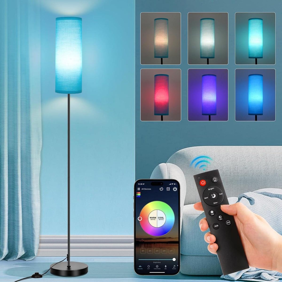 FRIDEKO HOME Floor Lamp for Bedroom, Tall Standing Lamps for Living Room, Modern Corner Floor Lamps for Living Room, 3CCT&Brightness Dimmable, 800 LM, RGB Smart Bulb, Foot Switch, Turquoise Lampshade