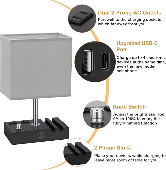Kakanuo Table Lamp for Bedroom with Dual USB Ports, Grey Fully Dimmable Bedside Lamp with Phone Stands and 2 Charging Outlets, Desk Lamp for Nightstand and Living Room, LED Bulb Included