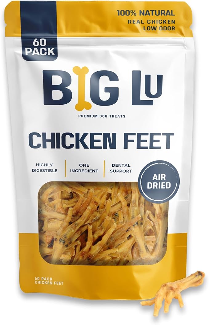 Big Lu – Nail-Free Chicken Feet Dog Chews, 100% Natural Single-Ingredient Treats, Rawhide-Free, Long-Lasting, Rich in Glucosamine and Chondroitin for Joint Health (60 Count)