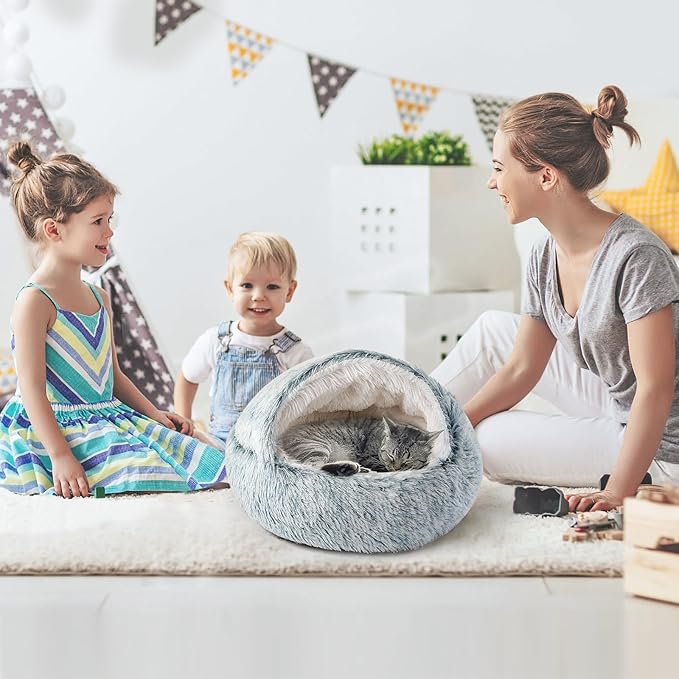 CATISM Cozy Cat Pod - Plush Hooded Cat Bed Cave, Self Warming, Removable Washable with Non-Slip Bottom