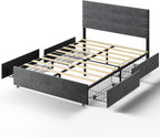 WLIVE Full Size Upholstered Bed Frame with 4 Drawers and Velvet Square Tufted Headboard, Sturdy Metal & Wooden Slats Support, No Box Spring Needed, Easy Assembly, Dark Grey