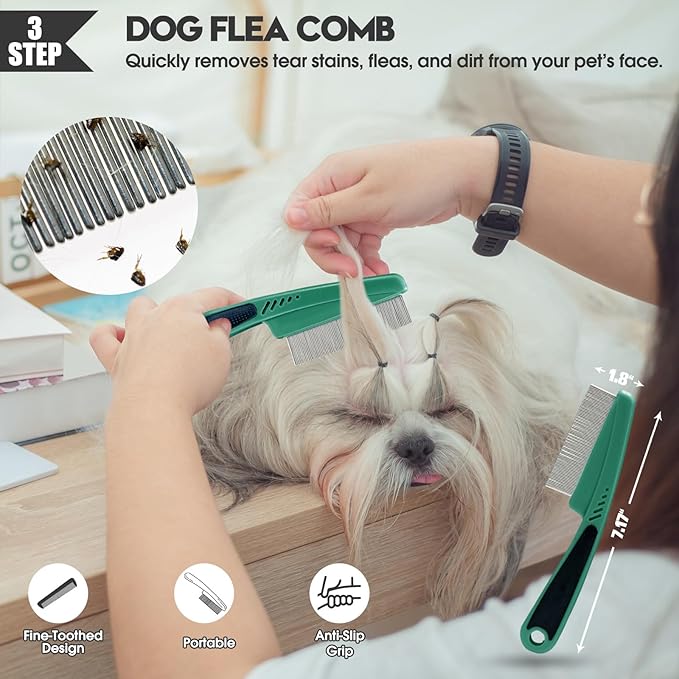 Dog Slicker Brush for Dogs Grooming Kit 4PCS | Large Dog Brush for Goldendoodles Poodles Doodles | Long Pin Haired Brush | Poodle Brushes and Comb (Green)