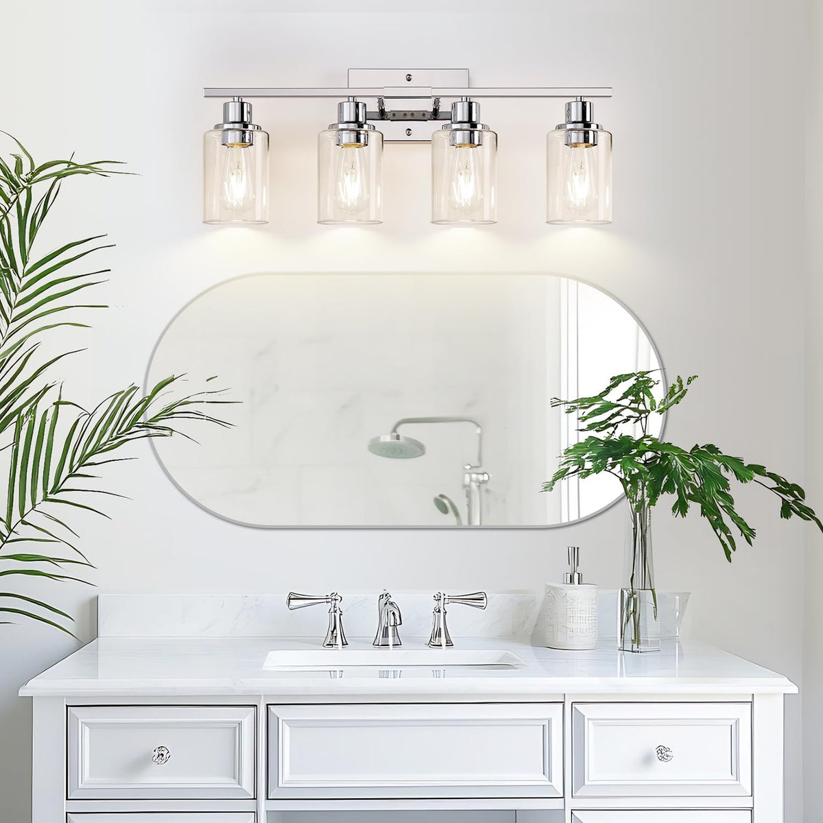 4 Light Bathroom Light Fixtures, Chrome Vanity Lights with Clear Glass Shades, Modern Bathroom Light Fixtures Over Mirror, Modern Bathroom Wall Lamp for Mirror Living Room Cabinet