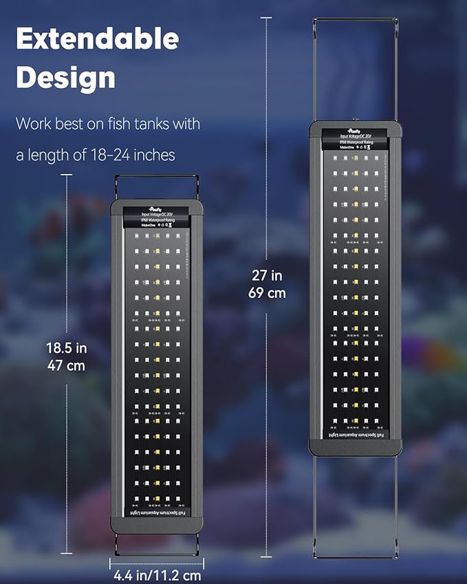 Pawfly 18W Saltwater Aquarium Light for 18" to 24" Fish Tanks Dimmable LED Reef Light for Coral Extendable Marine Fish Tank Light with Full Spectrum D/N Mode Timer Auto On/Off Adjustable Brightness