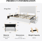 SHA CERLIN King Size Platform Bed Frame with 4 Storage Drawers, Vertical Channel Tufted Adjustable Headboard, Velvet Upholstered, Wooden Slats Support, No Box Spring Needed, Easy Assembly, White