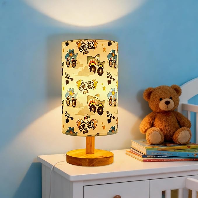 Shark Table Lamp for Boys Bedroom, Wood Base Linen Shade, Nursery Boho Lamp, 3 Level Brightness, Gifts for Boys