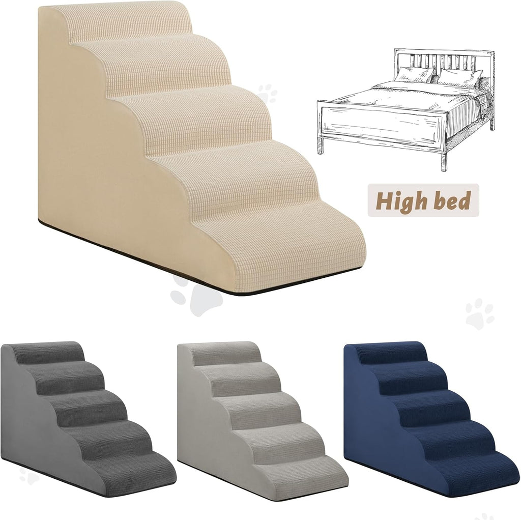 5-Step Dog Stairs and Ramp for High Bed,Non-Slip Sturdy Pet Steps for Small Dogs and Cats,22.2" H,Beige