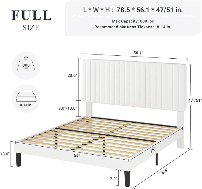Allewie Full Bed Frame, Velvet Upholstered Platform Bed with Adjustable Vertical Channel Tufted Headboard, Mattress Foundation with Strong Wooden Slats, Box Spring Optional, Easy Assembly, Off-White