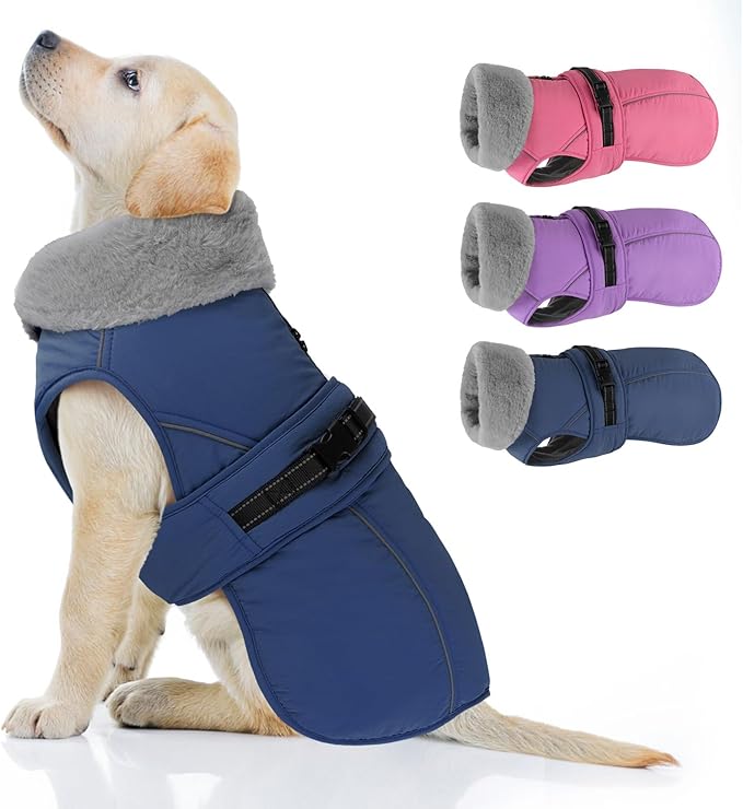 PETDSH Dog Coat Large, Windproof Dog Jacket with Warm Fleece Lining, Thickened Collar Dogs Winter Coat, Adjustable Reflective Pet Coats for Cold Weather (Navy Blue, Large)