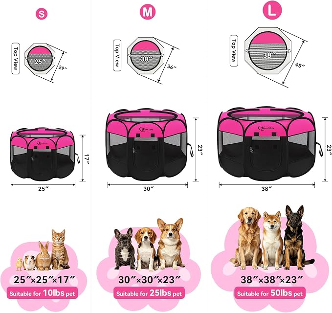 Siedihit Dog Playpen, Medium Puppy Pet Playpen, Dog Crate Tent Cage Indoor | Outdoor, Portable Pop Up Dogs Kennel Playpen with Carrying Case for Dogs/Cats/Rabbits, Hot Pink