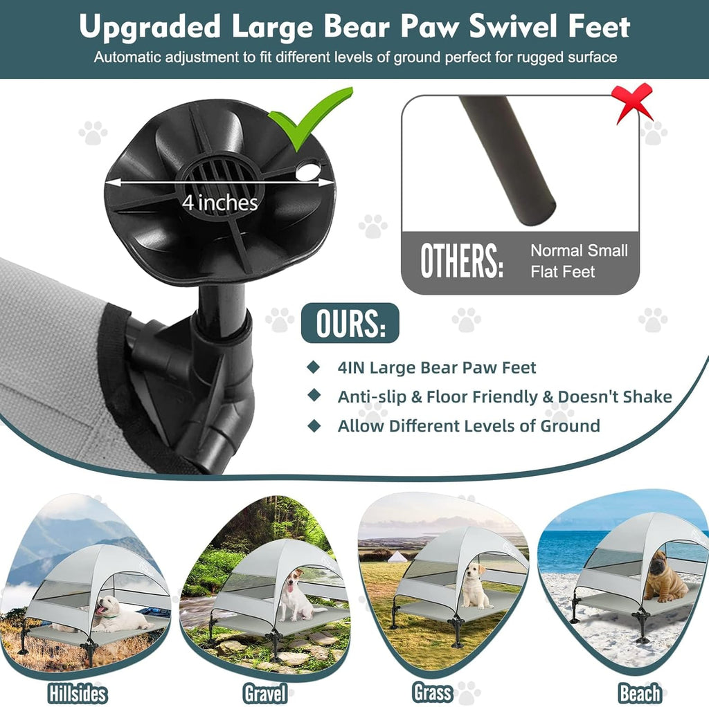 Upgraded Elevated Dog Bed with Canopy, Portable Raised Outdoor Dog Bed with Stable Anti-Slip Feet, Removable Wider Shade, Raised Dogs Cot for Large Pets Camping, Indoor & Outdoor Use
