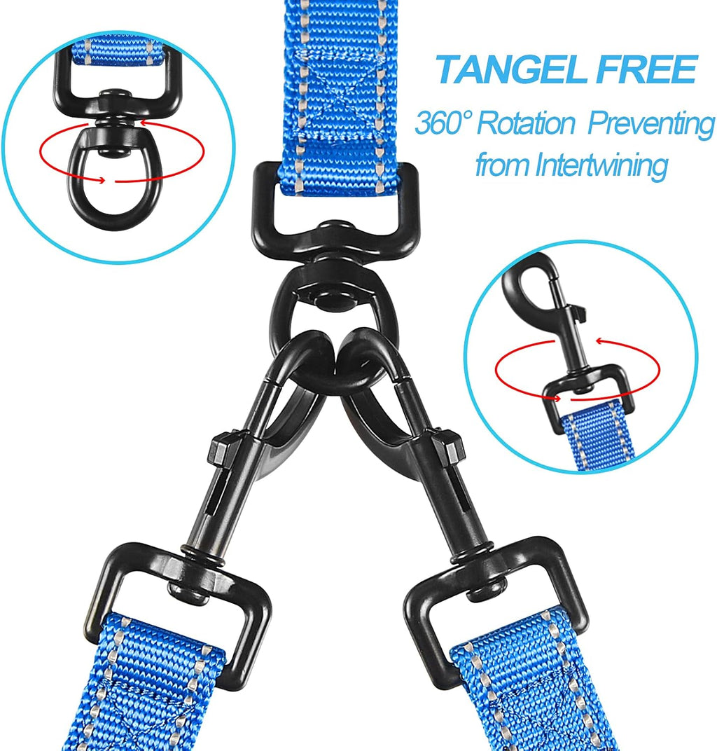PetBonus Double Dog Leash, No Tangle Dual Leash, Reflective Walking Training Lead, 4 Comfortable Padded Handles for 2 Dogs with Collapsible Bowl and Waste Bags (Blue, Large)