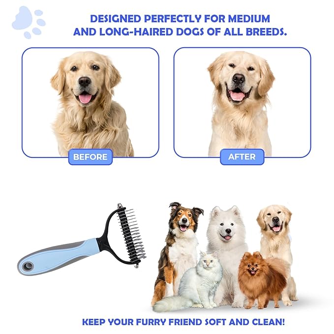 Double Sided Pet Dematting Comb - Effortless Detangling and Deshedding Tool for Dogs Cats, Tangle-Free Grooming with Blue Handle
