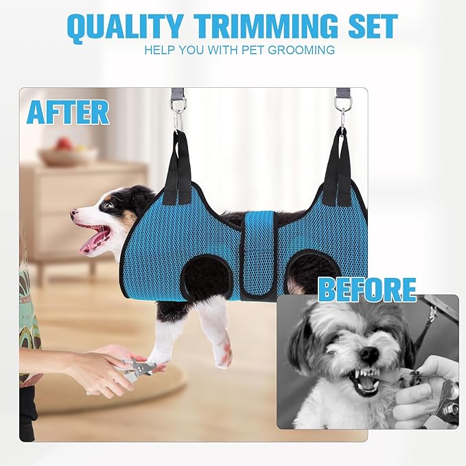 PAWCHIE Dog Grooming Hammock Harness for Dog Cat with Pet Nail Clipper Trimmer-Breathable Cat Hanger Sling for Trimming Clipping Nails-Dog Hammock Restraint Bag for Small Medium Large Dog,Dark Blue XS