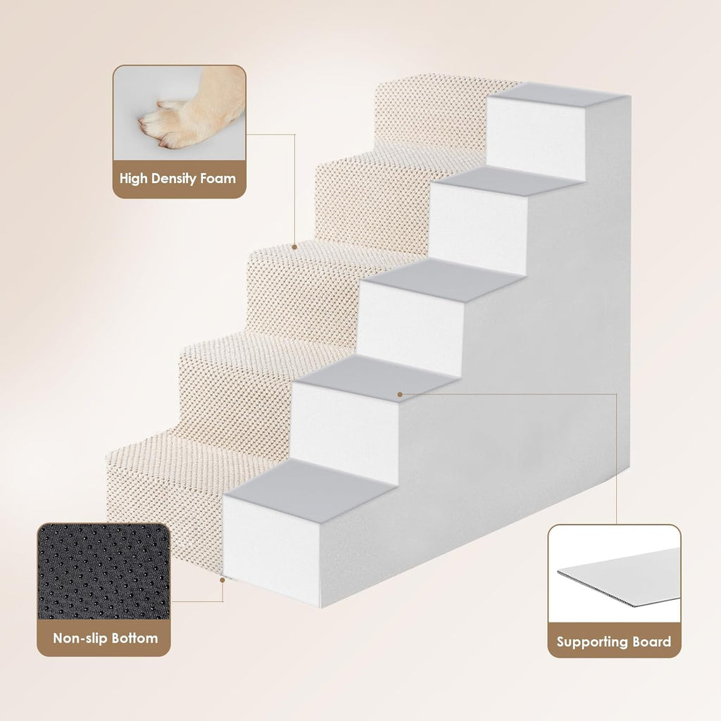 EHEYCIGA Dog Stairs for High Bed 22.5" H, 5-Step Dog Steps for Bed, Pet Steps for Small Dogs and Cats, Non-Slip Balanced Pet Ramp Indoor, Beige