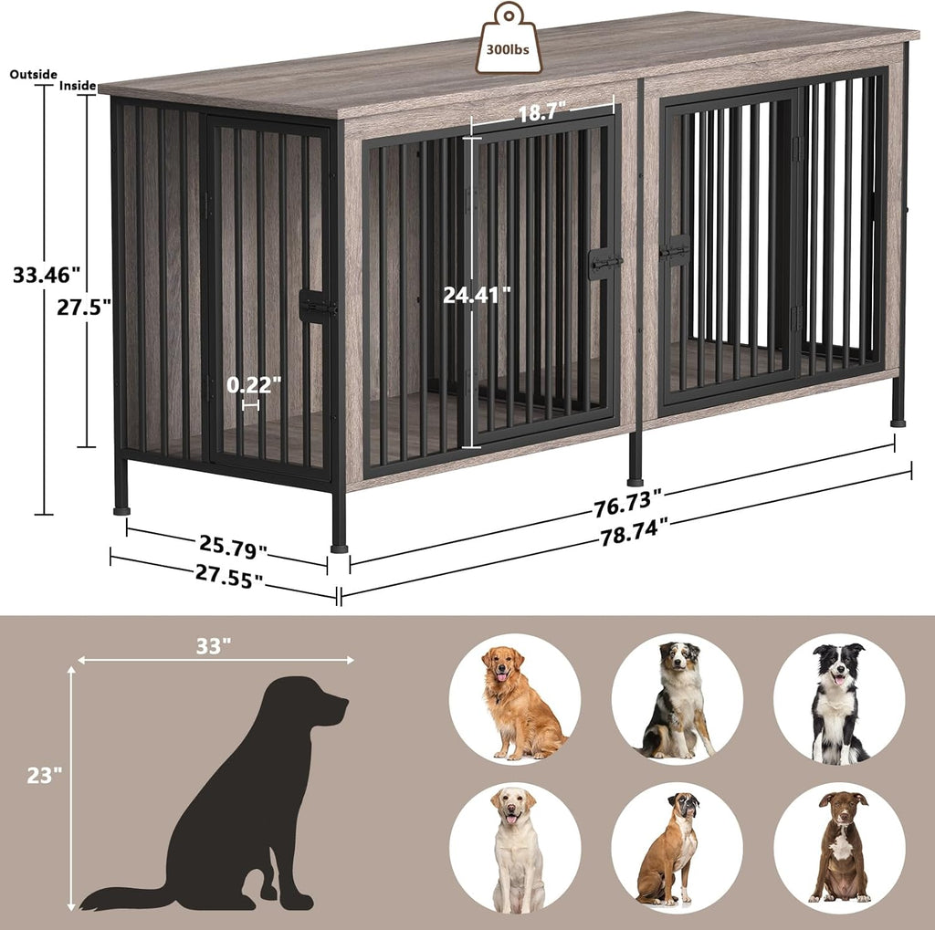 EasyCom 78 Inch Dog Cage Furniture for 2 Pets with Divider, XXL Wooden Double Dog Crate Furniture TV Stand for Mideum and Large Breed, Durable and Sturdy