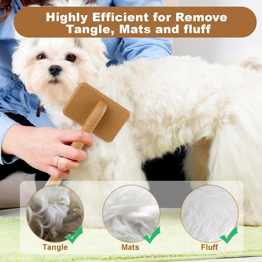 Slicker Brush for Dog, Doodles and Poodle Brush, for Tangles, Fluff Coat, Curly Hair Pets, Remove Loose Fur, Matts, Undercoat, Double Coat, 24mm Pins, 3.5''*2.4'' Head, Medium Size, Wood