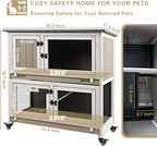 36" L Rabbit Hutch Indoor with 4 Metal Wheels, 2-Story Wooden Bunny Hutch Outdoor Bunny Cage, 2 Deeper Pull-Out Trays, Ramp, Rabbit Cage Guinea Pig Pet House for Small Animals