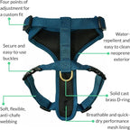 Adventure Dog Harness - Stylish and Durable Medium Dog Harness for Outdoor Adventures and Everyday Wear - Indigo Blue Neoprene Adjustable Harness for Dogs with Reflective Piping, Brass D-Ring