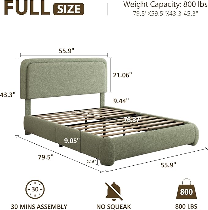 Full Bed Frame, Teddy Velvet Boucle Bed Frame with 43.3"/45.3" Adjustable Upholstered Headboard, Rounded Corners, Mattress Foundation, No Box Spring Required, Green