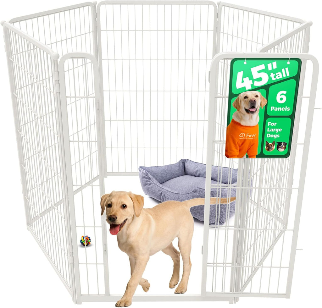 FXW Homeplus Unleashed Indoor Dog Playpen - Stress-Free and Safe Play, Heavy Duty 45 Inch 6 Wire Panels Dog Pen for Large Dogs, White│Patented