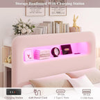 HOSTACK Full LED Bed Frame with Storage Headboard and Charging Station, Girls Bed Frame with 4 Drawers and USB Ports, Velvet Upholstered Platform Bed Frame with Bookcase, No Box Spring Needed, Pink