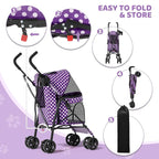 Magshion Compact Pet Stroller for Small-Medium Dogs/Cats up to 22lbs, 4-Wheel Lightweight Umbrella Shaped Portable Puppy Travel Jogger w/Breathable Mesh, Cup Holder & Rear Storage, Purple Polka Dots
