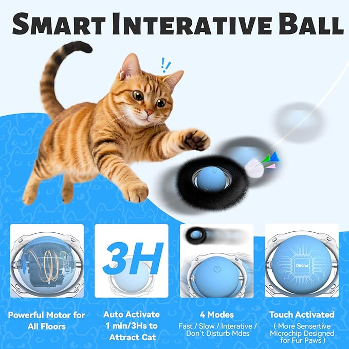 ORSDA Cat Toys, Interactive Fast Rolling Ball in Pouch, Hide and Seek for Indoor Cats, Motion Chirping Activated Moving Ball, 7 Holes Mat Mouse Catching Game