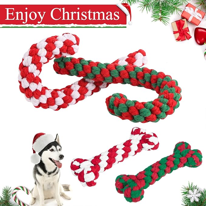 SCENEREAL Christmas Dog Toys, Durable Crutch Bone Rope Toys 4 Pack, Bite Resistant Chew Toy for Teething Cleaning, Xmas Element Rope Toy for Puppy Small Medium Large Dogs