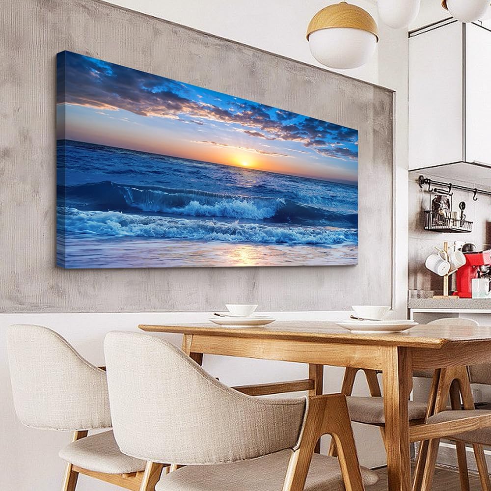 Lapremoly Framed Canvas Wall Art - Large Blue Ocean Beach Wall Painting for Living Room, Bedroom & Office - 24" x 48"