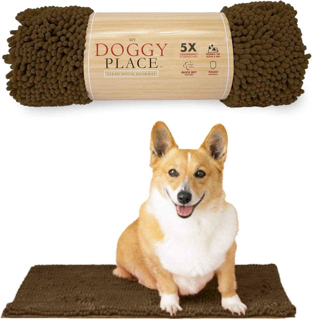 My Doggy Place Microfiber Dog Mat for Muddy Paws, 18" x 24" Brown - Absorbent and Quick-Drying Dog Paw Cleaning Mat, Washer and Dryer Safe - Non-Slip Rubber Backed Dog Floor Mat, Small