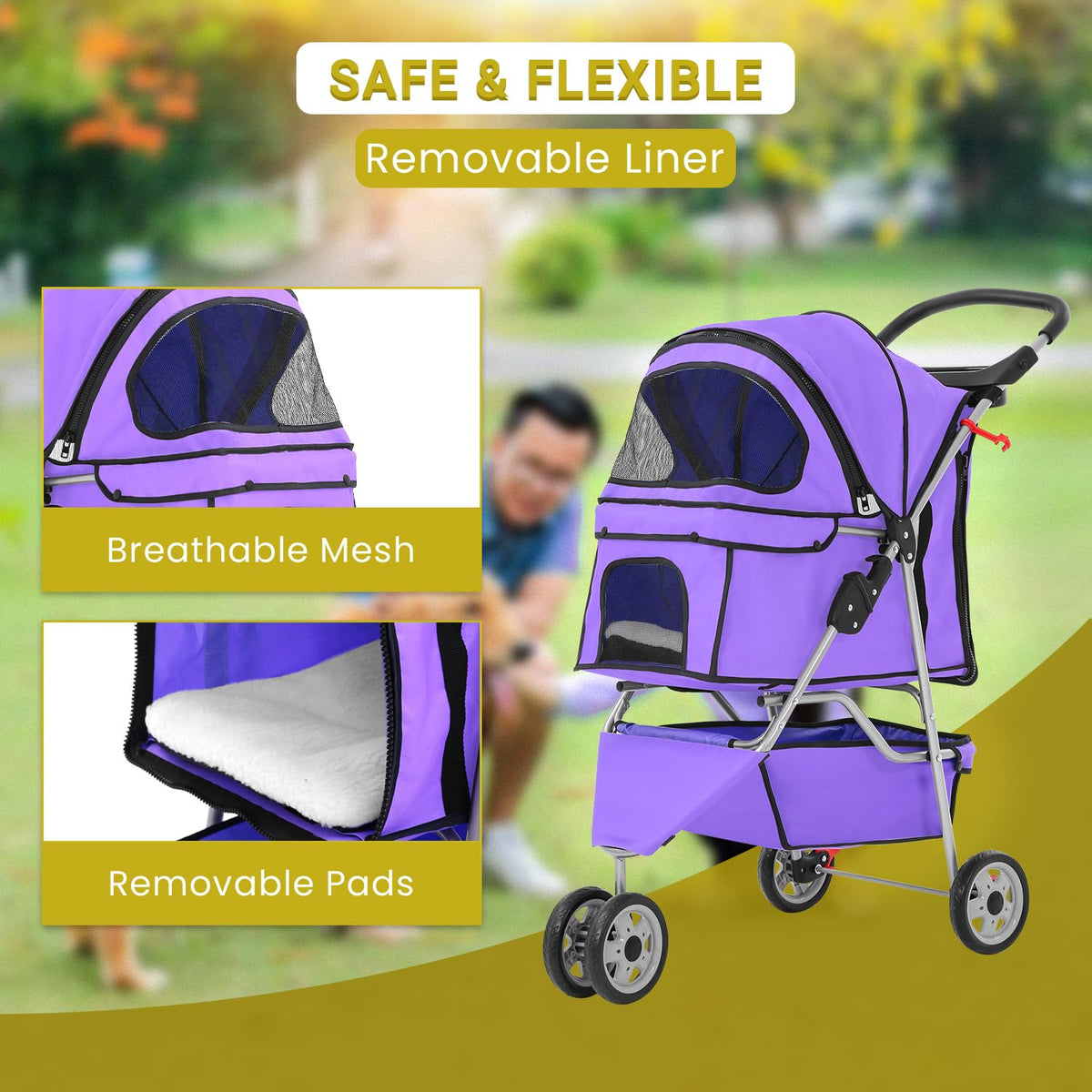 Foldable Pet Stroller,Dog Stroller with 3 Wheel,Pet Strolling Cart,Dog Travel Carrier with Storage Basket and Cup Holder for Dog Puppy,Purple