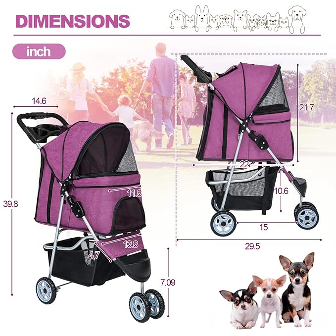 BestPet 3Wheels Pet Dog Stroller for Folding Lightweight Cat Travel Stroller with Cup Holder,Purple