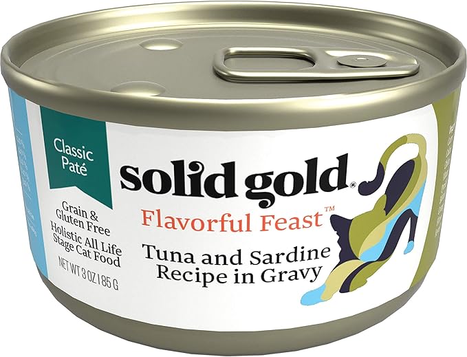 Solid Gold Wet Cat Food Pate - Healthy Canned Cat Food Pate w/Real Tuna & Sardine, Omega Fatty Acids, Vitamins & Minerals - Grain Free & Gluten Free Can Meals for Cats & Kittens - 24ct/3oz Can