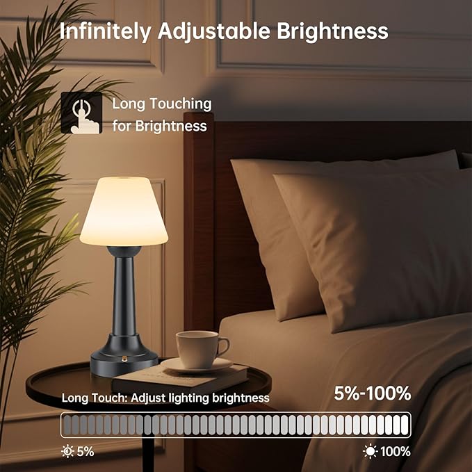 Cordless Table Lamp, Rechargeable Touch LED Lamp with 3 Color Temps & Stepless Dimming, Portable Battery Operated Light for Bathroom, Shower, Bedroom, Patio, Indoor/Outdoor Use, IP65 Waterproof