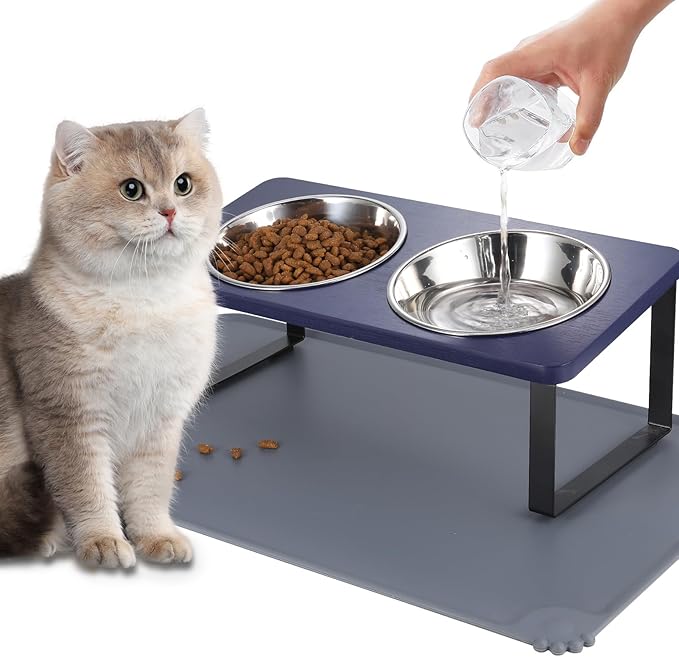 Upgraded Elevated Cat Bowls with Food Mat,15°Tilted Stand Anti Vomiting Raised Cat Dishes for Food and Water,2 Stainless Steel Bowls for Cats and Puppies（Navy Blue）