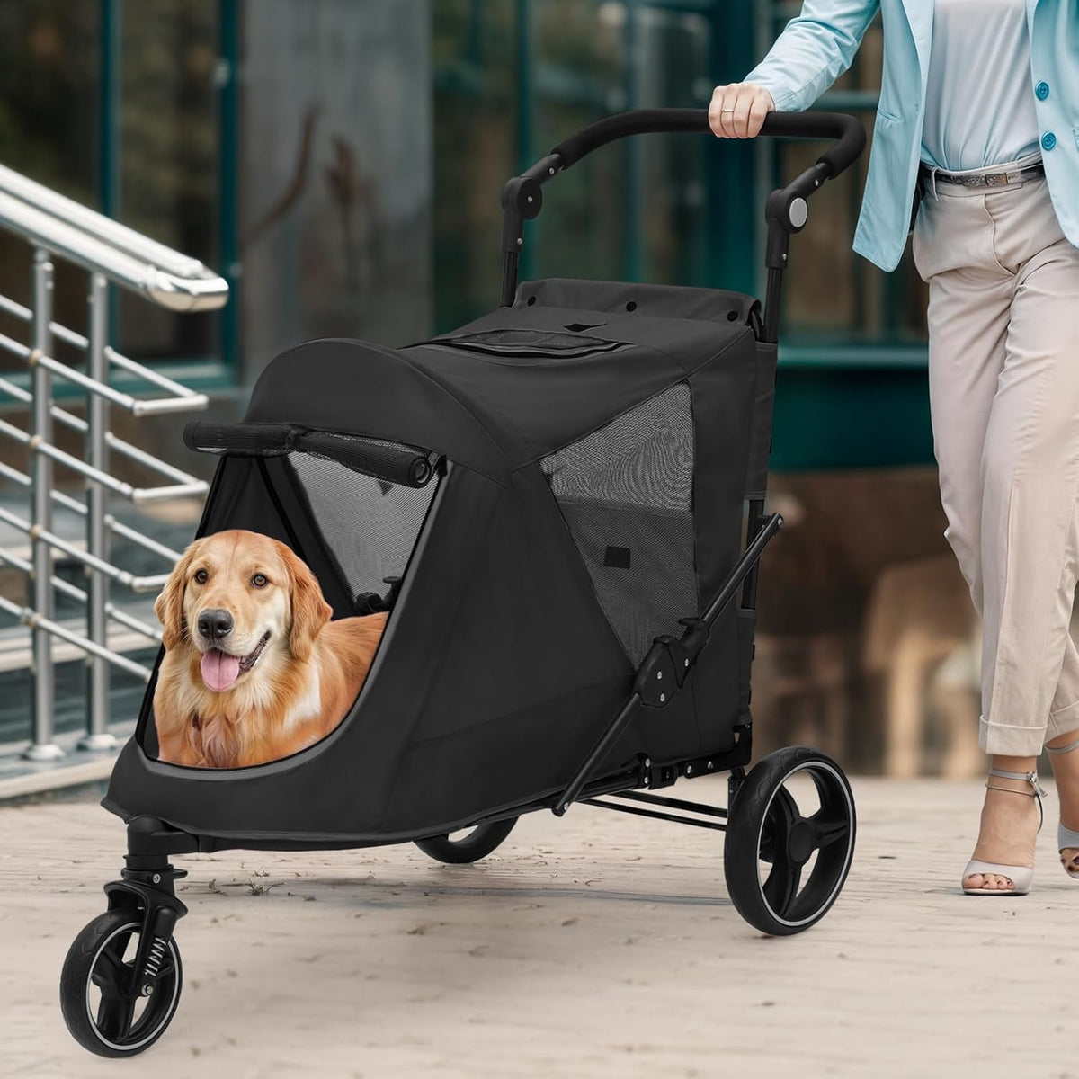 Magshion Pet Stroller for Medium Dogs w/Adjustable Handle, 3-Wheel Dog Cat Wagon w/Dual Entry, Rear Storage, Breathable Mesh, One-Foot Brake, Ideal for Large Pets up to 55 lbs, Black