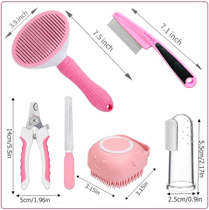 7 Pcs Cat Dog Brush Grooming Kits, Self-Cleaning Slicker Brush, Pet Nail Clipper and File, Flea Comb, Pet Shampoo Bath Brush, Pet Finger Toothbrush, Storage Bag (Pink)