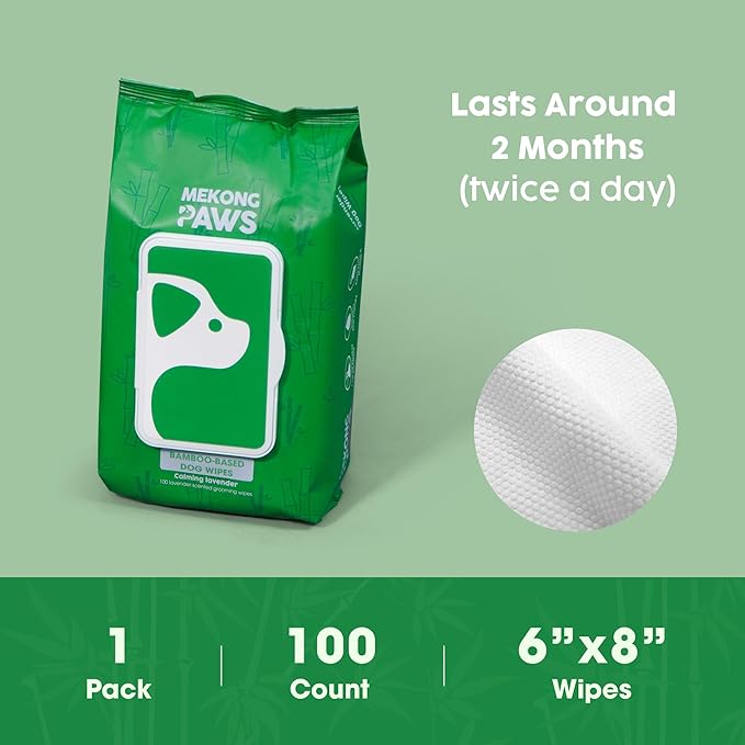 Pet Grooming Wipes - Natural & Organic Bamboo Base - Calming Lavender Scented - Freshening Dog Cat Wipe - Gentle on Sensitive Skin - Thick & Durable for Paws, Coat & Bum - 100 Count